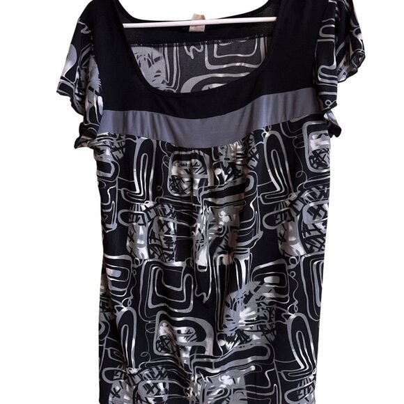 Vintage Abstract Print Black & Gray Perception Women Short Sleeve Stretchy Top W - Picture 1 of 5